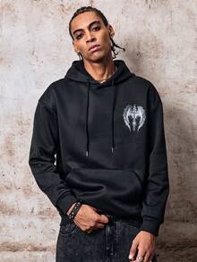 Skyrend Men Dark Gothic Cross Wing Print Thermal Fleece Oversized Hoodie Street Style Warm Hooded Sweatshirt Fall/Autumn/Winter Grunge - Black - View 7