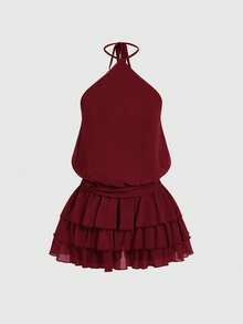 ROMWE 性感掛脖露背多層下擺迷你洋裝 - 酒紅色 - 查看 1