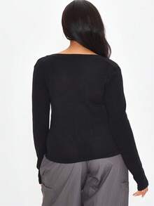 MUSERA Plus Size Black Knit V Neck Long Sleeve Top Spring Summer Casual Everyday Day Outfit Going Out - Black - View 4