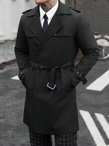 Manfinity CasualCool 男士雙排扣黑色秋季優雅晚宴風衣，簡約缺口領長版大衣，適合送給丈夫或男友的週年紀念禮物 - 黑色 - 查看 5