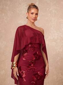 Lumalex Gaun Jala Cokelat Tanpa Lengan dengan Bahu Asimetris dan Aplikasi Bunga 3D - Burgundy - View 13
