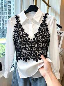 GlowEve Fall Clothes FOR WomenWomen's Lace Patchwork 2 In 1 Blouse - Black and White - View 1
