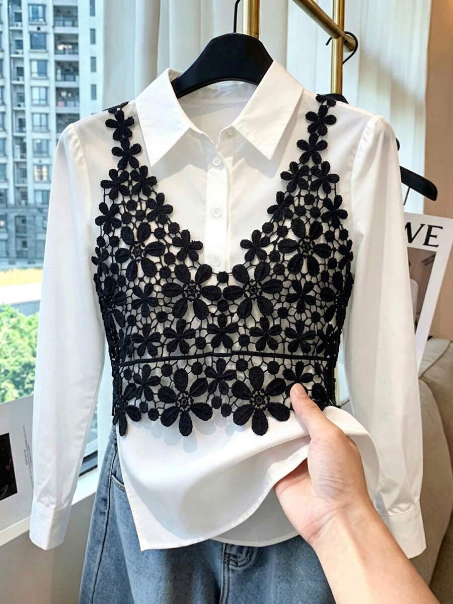 GlowEve Fall Clothes FOR WomenWomen's Lace Patchwork 2 In 1 Blouse - Black and White - View 1