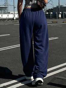DAZY 素色寬鬆百褶運動長褲，休閒運動風春季女款長褲 - 寶藍色 - 查看 2