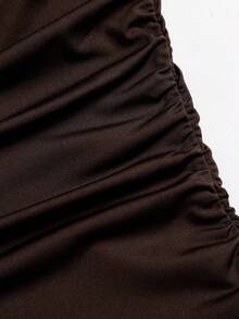 Sweetra Women's Elegant High-End Fashion Brown Mesh & Comfortable Milk Silk Long Asymmetrical Shoulder Dress - Coffee Brown - View 3