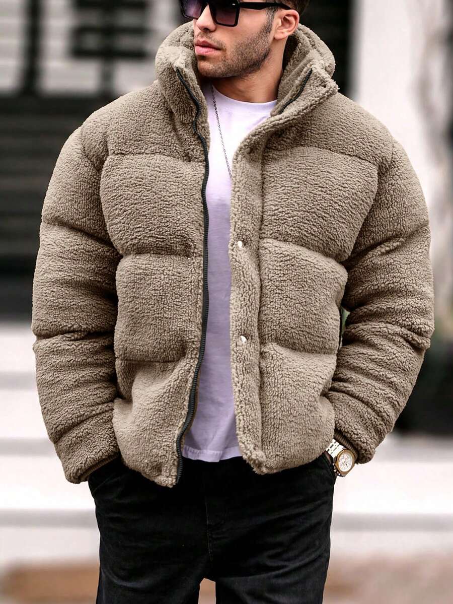 Manfinity Homme 宽松版型男士斜口袋夹棉大衣 - 棕色 - 查看 1