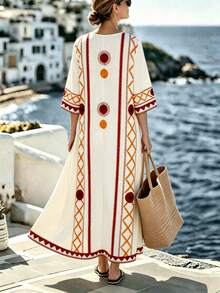 Selamara Women's Geometric Pattern V-Neck 3/4 Sleeve Loose Casual Long Dress - Multicolor - View 2