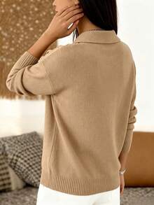 SHEIN Sweater Wanita Kasual Preppy Serbaguna Warna Polos, Nuansa Cokelat untuk Kantor Musim Gugur/Dingin - Unta - View 2
