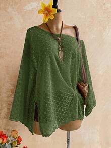 Soleia Long Sleeve Asymmetrical Neck Knit Jacquard Loose Fit Slit Top - Dark Green - View 6