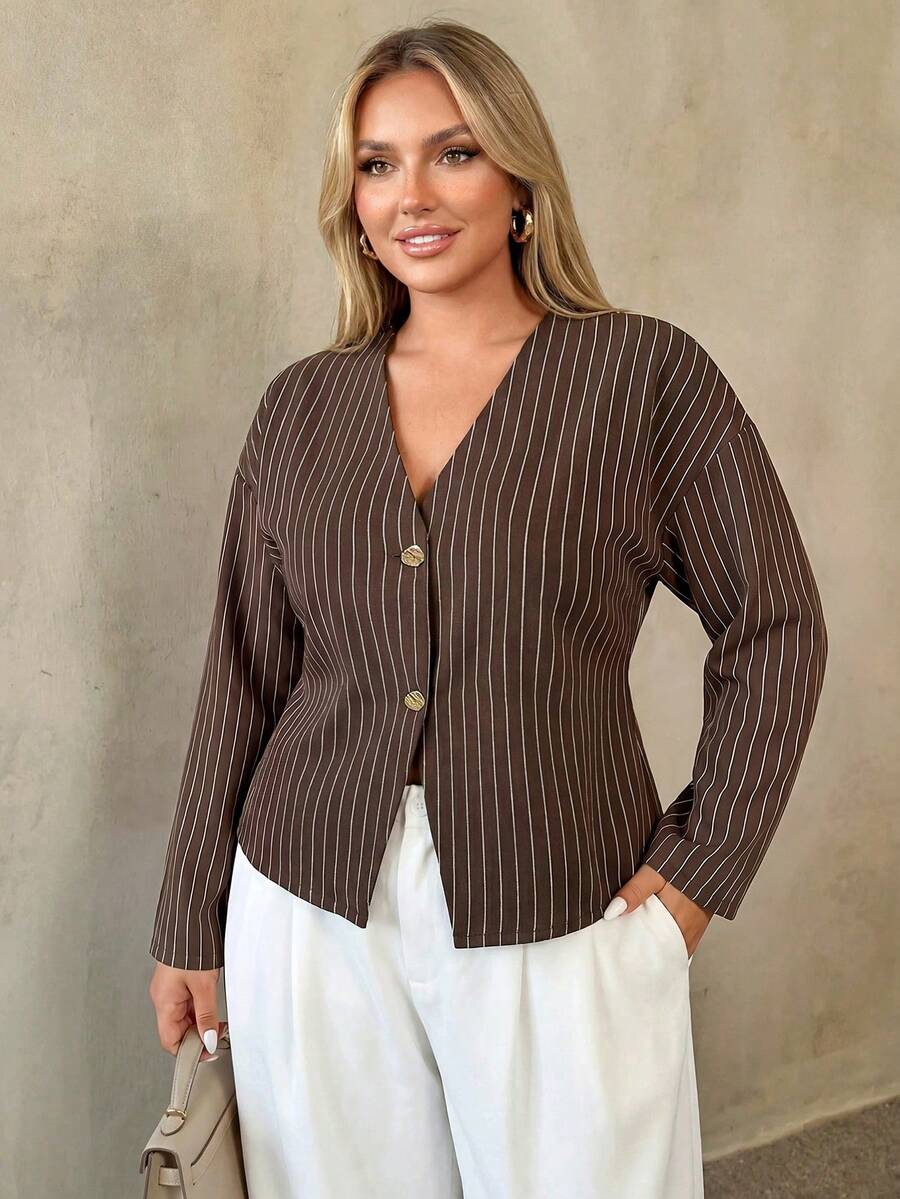 Auralis Brown Button-Down Long Sleeve Metal Button Decor Plus Size Fall Shirt/All-Season Striped Vintage Casual Smart Top Elegant Office Working Blouse Women