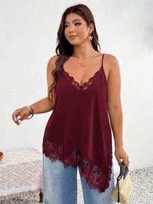Lounesse Plus Size Women's Lace Patchwork Casual Versatile Daily Wear Camisole Top - Burgundy - View 6
