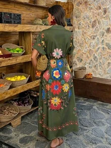 Louniche Women's Casual Vacation Placement Print Batwing Sleeve Long Dress, Suitable For Daily Wear And Vacation - Multicolor - View 2
