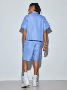 Modcrash Mens Summer Striped Outfit Set, Lightweight Short Sleeve Shirt And Elastic Waist Cargo Shorts - Blue - View 3