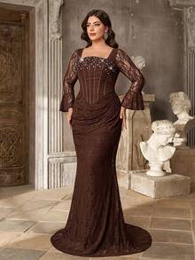 Aureia Plus Size Elegant Romantic Coffee Lace Square Neck Computer Beaded Craft Fishbone Ruched Fitted Mermaid Hem Party Ball Vacation Wedding Event Evening Dinner Guest Dress - Coffee Brown - View 2