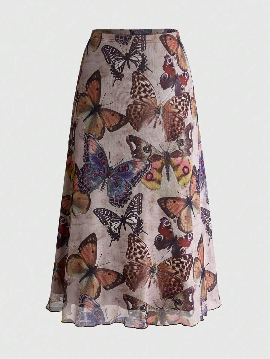 ROMWE Fairycore Plus Size Women Forest Style Moth Multi-Color Floral Plant Mesh Print A-Line Skirt - Multicolor - View 1