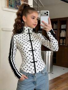 SHEIN Teen Girl Polka Dot Patchwork Casual Daily Long Sleeve Jacket - Black and White - View 1