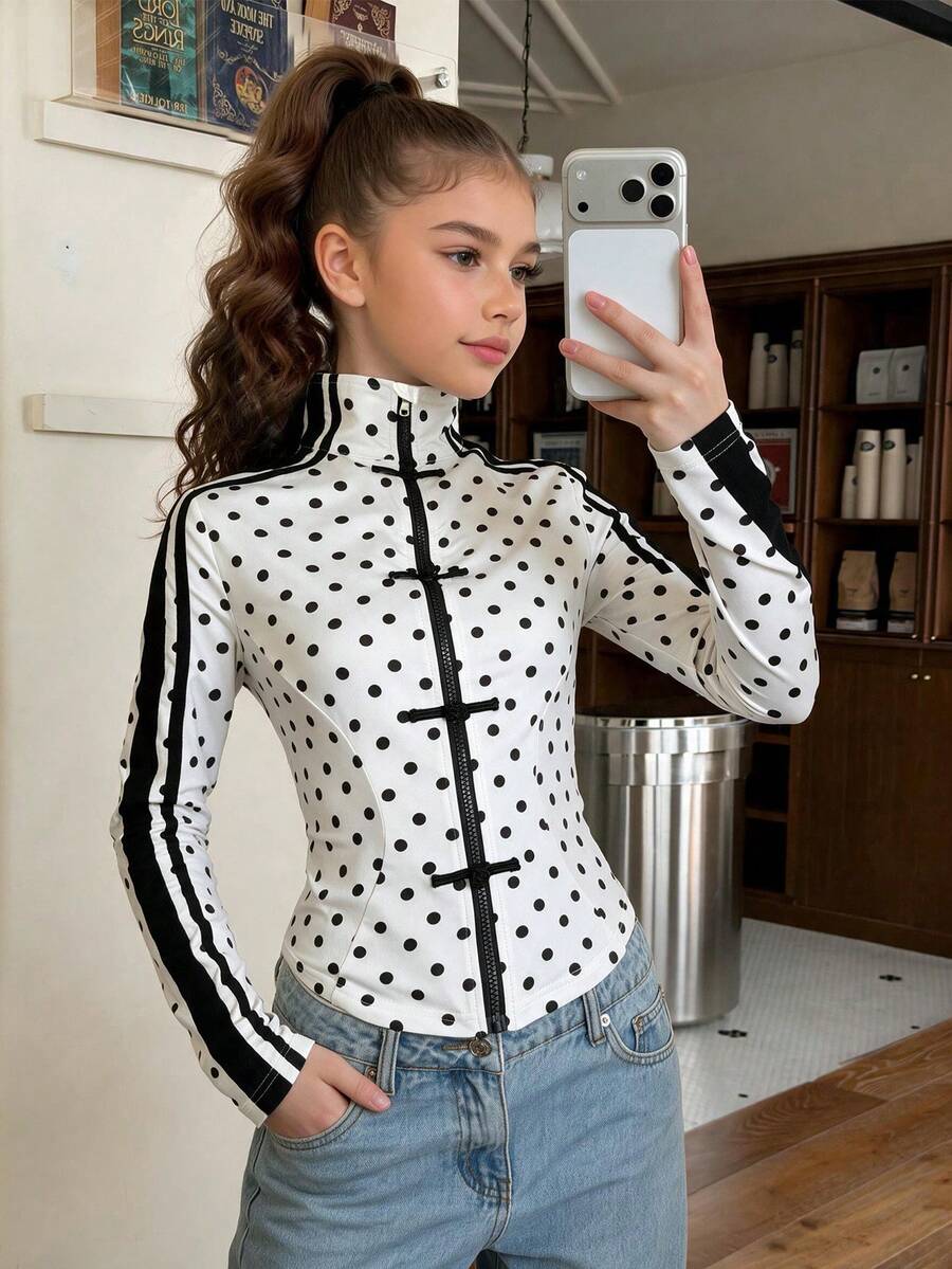 SHEIN Teen Girl Polka Dot Patchwork Casual Daily Long Sleeve Jacket - Black and White - View 1