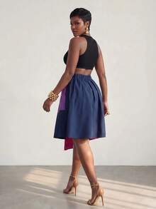 BamGlimmer Plus Size Women's Colorblock Casual Versatile Daily Wear Skirt - Multicolor - View 3