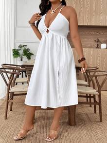 EMERY ROSE Plus Size Women Summer Solid Color Side Slit Hem Sexy Spaghetti Strap Dress - White - View 6