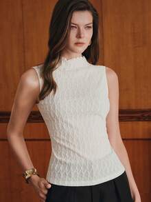 Anewsta Atasan Tank Top Tanpa Lengan Bertekstur Pas Badan dengan Trim Rumbai Warna Beige Aprikot Awal Musim Gugur untuk Wanita - Krem - View 3