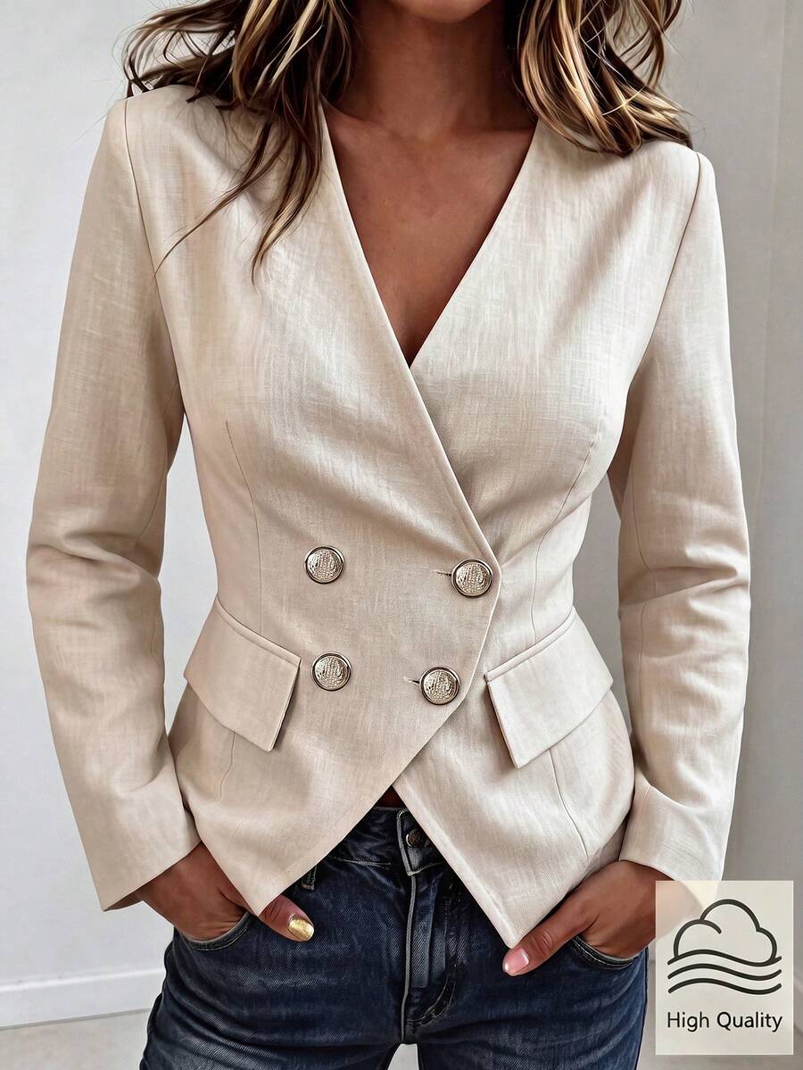 SHEIN LUNE Chaqueta tipo blazer fina para mujer, elegante y casual, de lino sintético beige, con botones dorados, diseño asimétrico delantero, manga larga, cintura ceñida, bolsillos falsos y cuello en V - Albaricoque - Ver 1