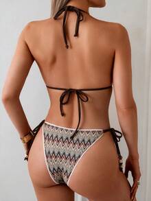SHEIN Swim 女款兩件式掛脖綁繩比基尼套裝，極簡性感蕾絲飾邊三角比基尼，適合夏季度假，復古波希米亞鋸齒圖案掛脖綁帶比基尼，附珠飾裝飾，三角比基尼海灘裝 - 彩色 - 查看 2
