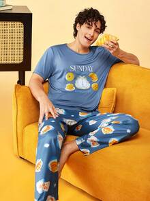 Notgurli GARFIELD | SHEIN Men's Cartoon Print Crew Neck Short Sleeve Top And Long Pants Loungewear Set - Blue - View 4