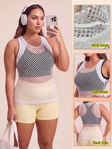 SHEIN Rhythm Era Kaos Olahraga Kasual Wanita Ukuran Besar Warna Polos Berongga untuk Pemakaian Sehari-hari - Putih - View 1