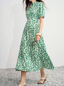 Aveloria Modichic Vestido de mujer de cintura estrecha, línea A, cuello alto, plisado vertical, mangas abullonadas, elegante, francés, tropical, romántico, vintage, dulce, blanco con estampado floral de hojas verdes - Verde - Ver 3