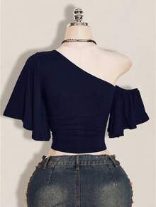 SHEIN ICON 女款素色不對稱領休閒百搭日常上衣 - 藏蓝色 - 查看 3