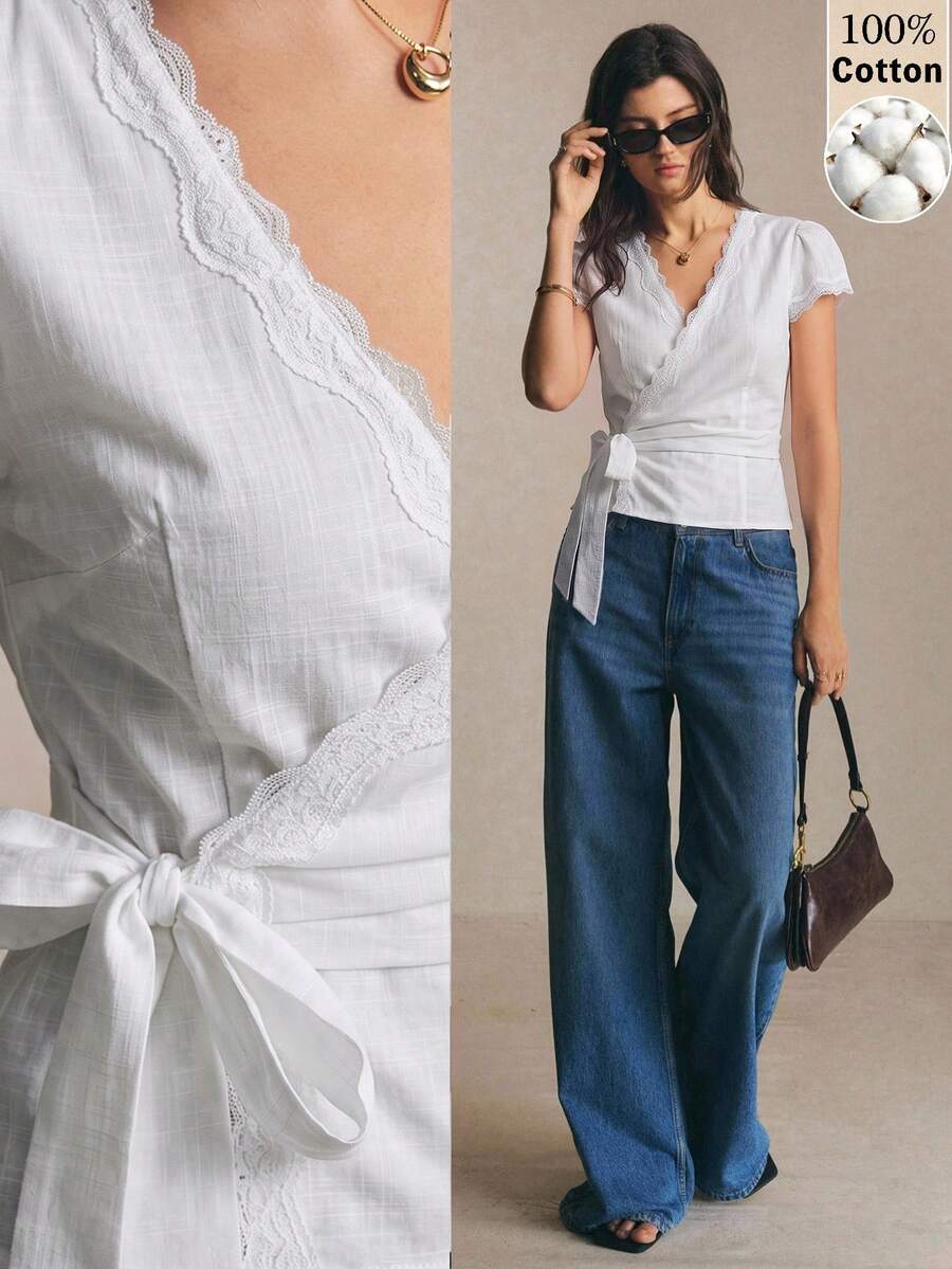 Poéselle 女款 100% 純棉休閒法式優雅白色蕾絲飾邊綁帶式襯衫,休閒上衣,外出上衣,工作上衣,復古基本款襯衫,秋冬款 - 白色 - 查看 1