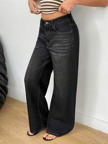SHEIN Women's Charcoal Vintage Y2k Contrast Stitching Patchwork Straight Leg Jeans, Suitable For Commuting Going Out, Dating, Summer/Winter Outfits - Black - View 8