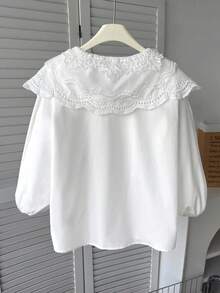 SHEIN Tween少女春夏季休閒日常外出法式優雅學院風裝飾大領花朵大蝴蝶結燈籠袖修身長袖襯衫，開學季經典百搭娃娃風白色上衣長袖上衣，可愛女童上衣 - 白色 - 查看 2