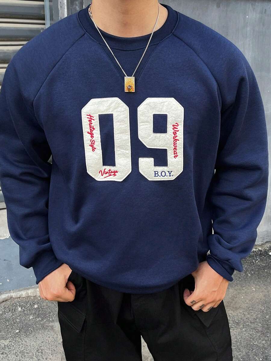DAZY Autumn/Winter Thermal Lined Navy Blue Sweatshirt Fabric With White Digital Applique Embroidery Heavy Work Men's Pullover Sweatshirt - Navy Blue - View 1