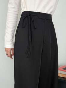FRIFUL Women's Early Autumn New Korean Style Waist Tie Bow Straight Leg Long Pants - Black - View 1
