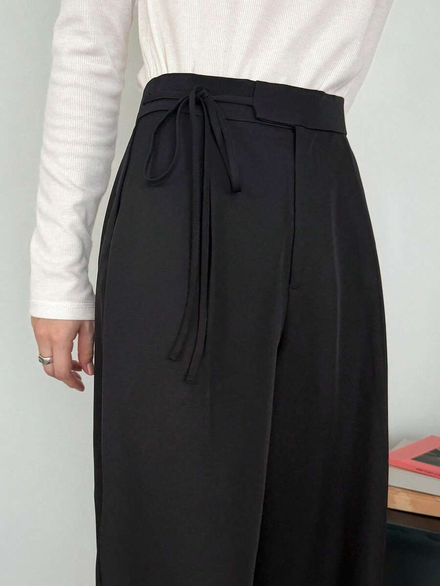 FRIFUL Women's Early Autumn New Korean Style Waist Tie Bow Straight Leg Long Pants - Black - View 1