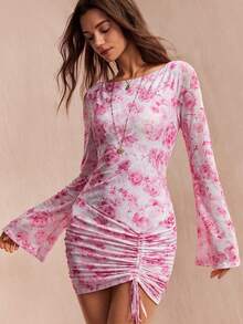 Willow Rêve Women's White And Pink Romantic Sexy Elegant Floral Elastic Mesh Ruched Flared Sleeve Mini Waist-Cinching Dress Valentine's Day Party Autumn - Pink - View 1