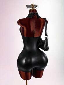Amplova Women's Solid Color PU Leather Casual Daily Wear Romper - Black - View 9