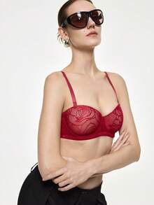 Bralution Push-Up 1/2 Cup Black Elegant Floral Women's Bra Daily Wear Comfy - Burgundy - View 5