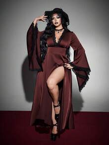 Whyspr Gaun Gothic Halloween Seksi Ukuran Plus, Cokelat Tua Berenda dengan Leher V Dalam dan Lengan Lonceng, Cocok untuk Pesta Malam Musim Gugur. - Rust Brown - View 5
