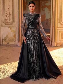 Aureia Elegant Formal Queen Luxurious Beaded Bubble Embroidery Sequin Patchwork Satin Sheer Sleeve Mermaid Skirt Conservative Wedding Party Evening Black - Black - View 6
