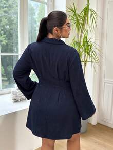 SHEIN EZwear 大尺碼女款純色百褶休閒優雅傳統日常秋季洋裝 辦公正式海軍藍秋季 - 藏蓝色 - 查看 2