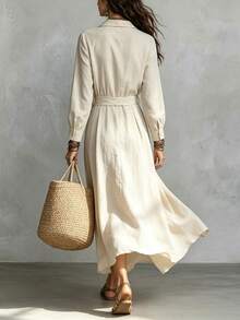 SHEIN Women's Solid Color Waist Knot Casual Party Dress - Apricot - View 2