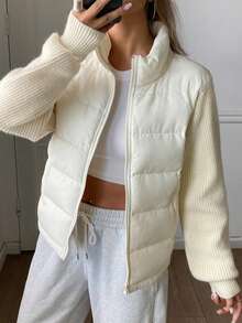 DAZY Women's Colorblock Zipper Casual Winter Padded Coat Fall - White - View 3