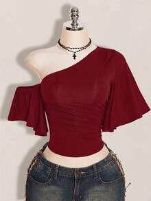 SHEIN ICON 女款素色不對稱領休閒百搭日常穿搭上衣 - 酒紅色 - 查看 5