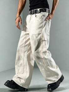 ROMWE MEN Men's Double Waistband Wide Leg Casual Denim Jeans With Pockets - Apricot - View 1