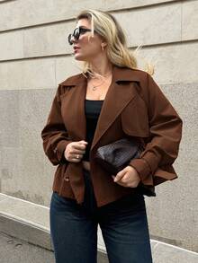 Auralis Plus Size Streetwear Minimalist Button Long Sleeve Lapel Trench Coat Fall - Rust Brown - View 8