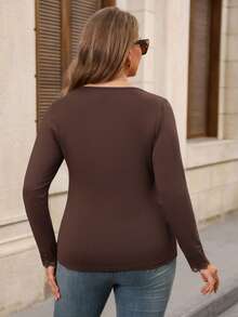 EMERY ROSE Plus Size Women's Autumn/Winter Casual Elegant Fashion Commuter Solid Brown Lace Patchwork T-Shirt Top,Daily Wear Fall,Warm,Base Layer,Going Out - Brown - View 3
