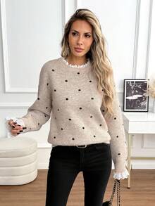 SHEIN LUNE Sweater Lengan Panjang Wanita Motif Polkadot Kasual Serbaguna untuk Pemakaian Sehari-hari - MultiWarna - View 4