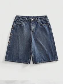 ROMWE Grunge Punk 夏季復古中性街頭龐克蜘蛛網刺繡寬鬆寬腿女款牛仔中長褲 - 藍色 - 查看 2